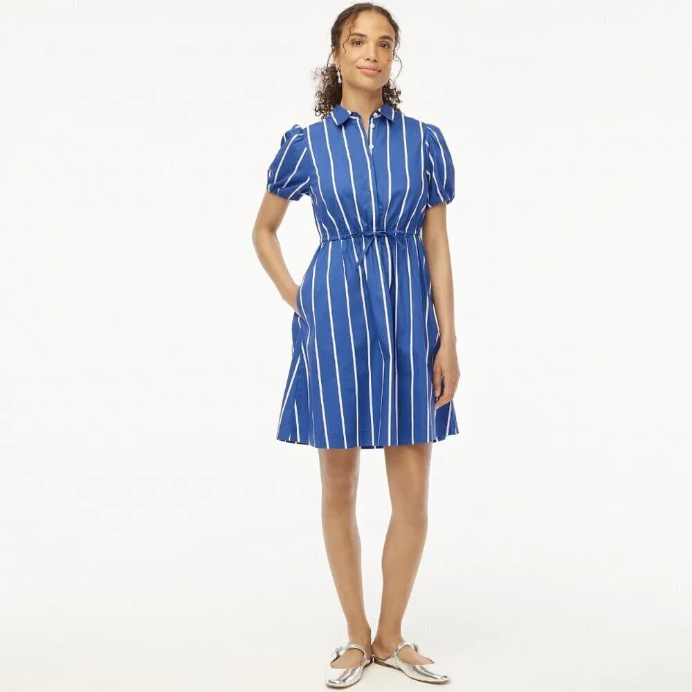 J. Crew NWT Short-Sleeve Cotton Striped Blue + White Tie-Waist Mini Dress, 10